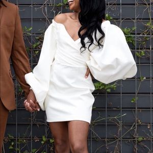 Balloon Sleeve Ivory Satin Dress